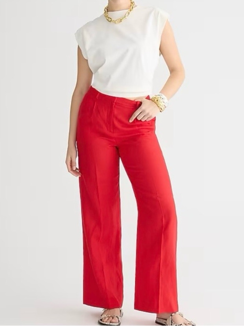 J.Crew Essential 100% Linen Wide Leg Pants Size 0 Red High Rise Minimalist